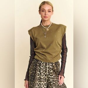 🔵286B. Jeweled Mock neck Top - Green